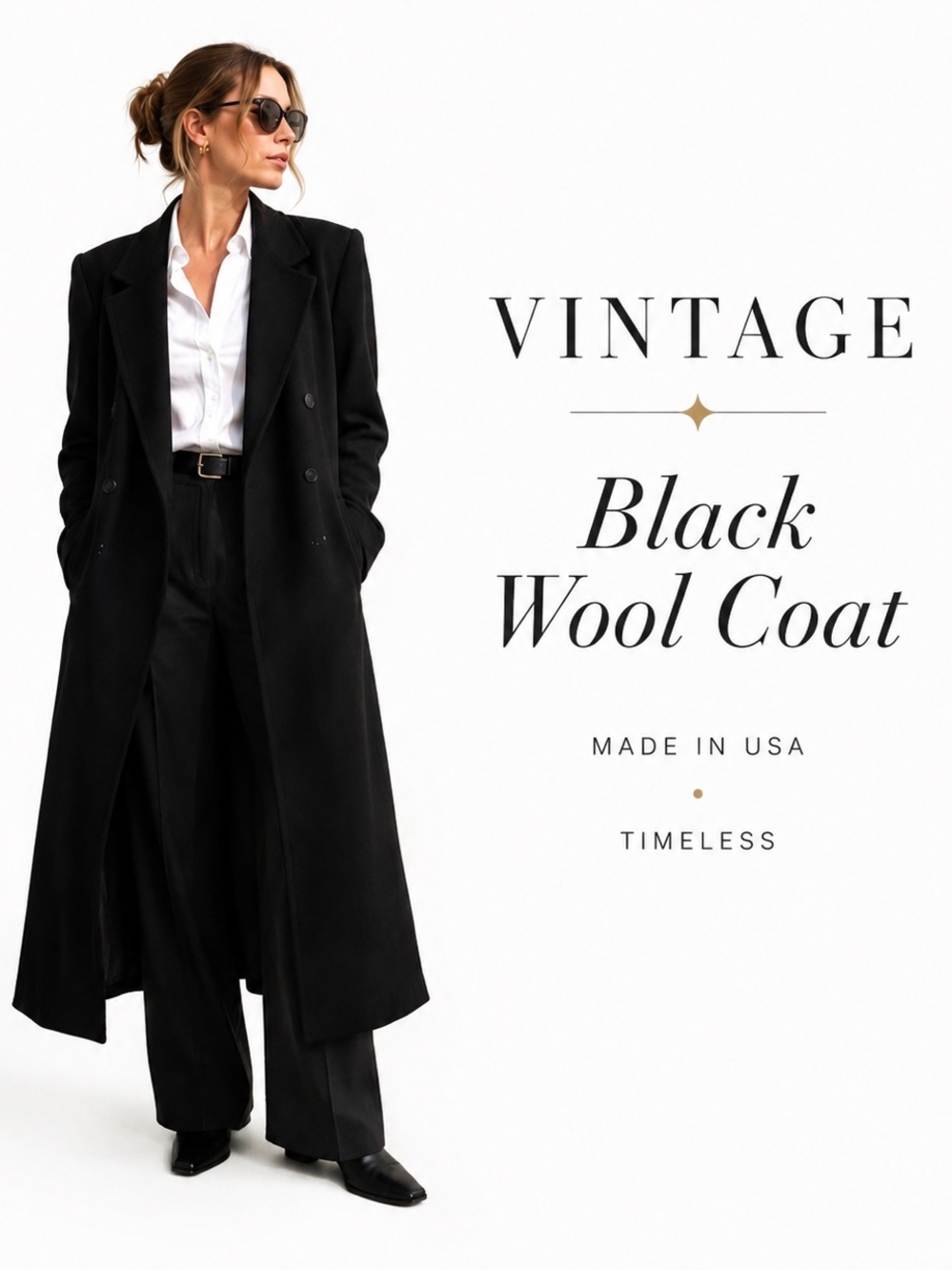 Collectibles long double breasted trench coat black wool blend VTG Full length